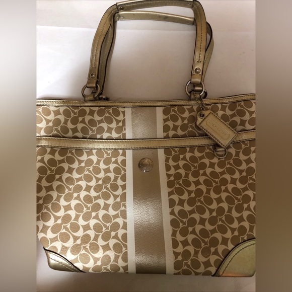 COACH Heritage Signature Stripe Gold Tote Double Handle Handbag Purse - Picture 2 of 16
